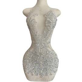 Akiko.CC Handmade Rhinestones Bodice Applique sew on Beads Trim Patches Trim Accessories for Wedding Dress Shiny Decorative lace Patch 14X26.7inches (Silver)