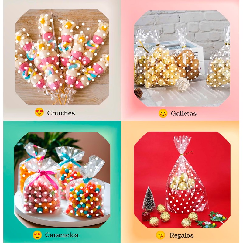100 x Clear Cellophane Candy Bags with White Dots 100