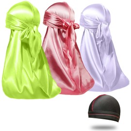ForceWave 3 Pieces Silky Durags and 1 Wave Cap Pack for Men Waves, Moisture-Tech Fabric Satin Du-Rag