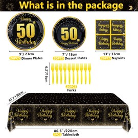 Hegbolke 50th Birthday Decorations for Women and Men - 81 Pcs Plates Napkins 50th Tablecloth Forks Set Black and Gold Party Decorations Serve 20