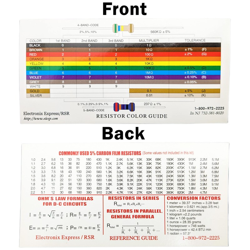 6 Pack Resistor Color Code Guide Cards for Standard and