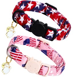 Lionheart glory American Flag Cat Collar Breakaway with Bell & Pendant Blue 4 of July Kitten Collars Soft Adjustable Safety 2 Pack Cat Collars for Cats Pet Gift Cute Patriotic Collars Summer Spring