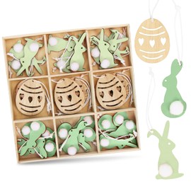 Sprinlot Wooden Easter Bunny for Hanging, 24 Easter Pendants Rabbit and 12 Easter Eggs in a Wooden Box, Easter Bunny Pendant, Easter Decoration for Hanging, Easter Bunny Wood, Easter Decoration for