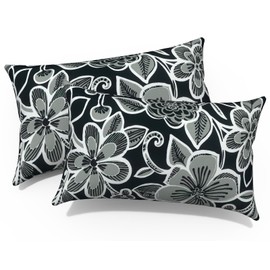 Melody Elephant Outdoor/Indoor Lumbar Pillows, Water Repellent Cushion Pillows, 12x20 Inch, Outdoor Pillows with Inserts for Home Garden, Pack of 2, Flower Black