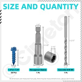 Cimeton 52PCS 1/4” x 1-1/4” Blue Slotted Hex Washer Head Concrete Screws Anchor Self Tapping Cement Screws with Drill Bit Assortment Kit for Anchoring to Masonry Block Brick