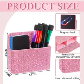 MotiMind Pink Bling Locker Accessories for Women Teen Girls Rhinestone Desk Organizer Magnetic Marker Holder for Whiteboard Office with 2 Slots for Back to School Office Classroom
