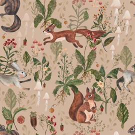 PODUFF Nursery Woodland Animals Wallpaper – Peel and Stick Wallpaper with Squirrels, Rabbits, Mushrooms and Botanical Elements – Nature Forest Wall Paper for Kids Room and Playroom, 17.7in x 236in