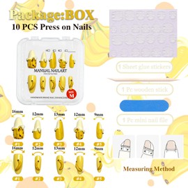 GREENTEA Handmade Press On Nail Long,3D Banana Design Summer Press On Nails, Yellow and White Artificial Nails, Long Stiletto Shape,Size-M