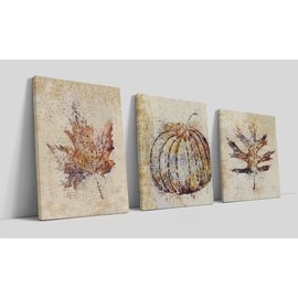 LiTiu Fall Artwork Wall Decor,Rustic Farmhouse Fall Maple Leaf Pumpkin Framed Canvas Prints Decor,15x23in Set Of 3,Retro Autumn Pumpkin Maple Leaf Gifts Thanksgiving Decorations for Home Bedroom