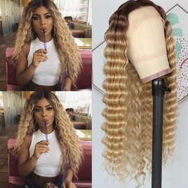 Lezaxiu Brown Blonde Kinky Curly Lace Front Wig Long Curly Wave Glueless Ombre Blonde Hair Heat Resistant Soft Wig Pre Plucked Hairline Synthetic Lace Front Wigs for Black Women