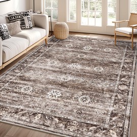 Yamaziot 6x9 Large Washable Area Rug, Non-Slip Soft Distressed Living Room Rug with Rubber Backing, Low Pile Faux Wool Vintage Thin Rug Floor Carpet for Dinning Room, Bedroom, Rust Red