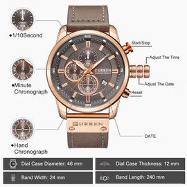 Men's Leather Strap Military Watches Men's Chronograph Waterproof Sport Wrist Date Quartz Wristwatch Gifts, Gold grey, Chronograph, quartz movement