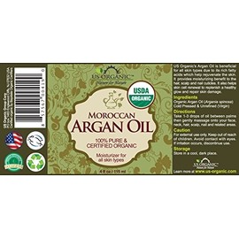 US Organic Moroccan Argan Oil, Cold-Pressed Virgin, USDA Certified, 100% Pure, Unrefined, for Hair, Skin, Nail & Cuticle Care, in Amber Glass Bottle, Sourced from Morocco (4 oz (Large))