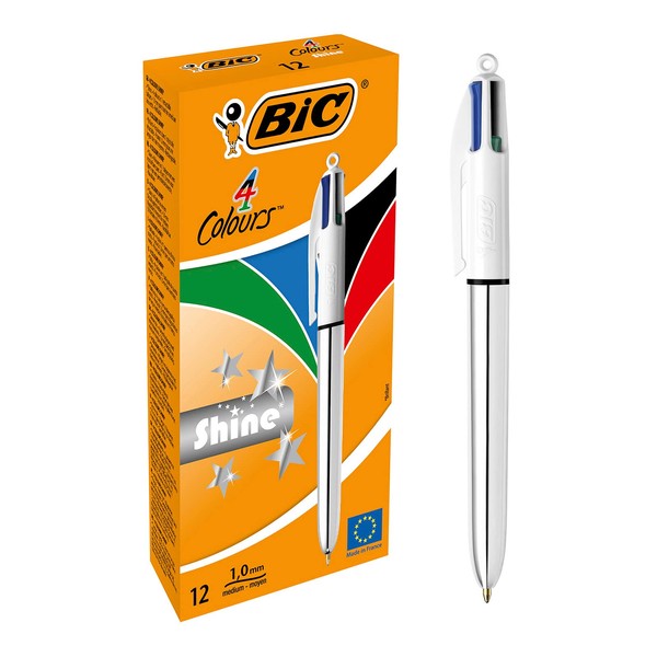 Bic 4 Colours Shine Retractable Ballpoint Pen Black/Blue/Red/Green (Pack of 12