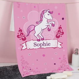 Striefchen® Children's Towel with Name for Girls with Horse Motif Pink Pony in 2 Sizes 50 x 100 cm