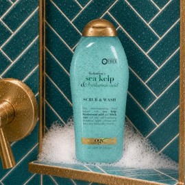 OGX Hidratación + algas marinas y ácido hialurónico, exfoliante corporal ligeramente hidratante sin sulfatos con arroz negro, lavado corporal exfolian