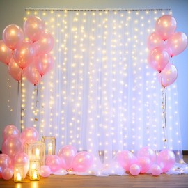 White Sheer Tulle Backdrop Curtains with Lights String for Party Wedding Wrinkle Free Curtain Backdrops Drapes for Baby Shower Birthday Party Photo Back Drop Background Home Decorations 10ft x 8ft