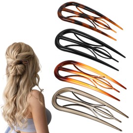 Shimmeroo 4PCS Lialys Hair Pin,U-Shaped Hair Fork,Plastic French Twist Pin with 3 Inner Teeth Design for Women Various Fine Thick DIY Hairstyling Accessories
