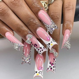Viugex 24Pcs Pink White French Tip Press on Nails, Ballerina Extra Long Coffin False Nails with 3D Bow Rhinestone Design, Bling Glitter Artificial Fake Nail, Cute Cat Acrylic Stick on Nails for Women