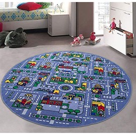 Champion Rugs Kids/Baby Room/Daycare/Classroom/Playroom Area Rug. Roads. Town. City. Race Toy Car Tracks. Educational. Fun. Non-Slip Gel Back. Play Mat (8 Feet X 8 Feet Round)