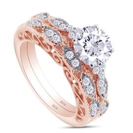 SAVEARTH DIAMONDS 1.5ct Center 7.5mm G-H-I Color Round Cut Vintage/Antique Lab Created Moissanite Engagement Ring Bridal Set In 14K Rose Gold Over Sterling Silver For Women Size-8.5