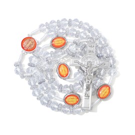 KOMI Catholic Rosary 10mm Large White Clear Crystal Beads Rosary Necklace with St Benedict Medal and Crucifix Cross Communion Rosary Catholic Gifts for Women