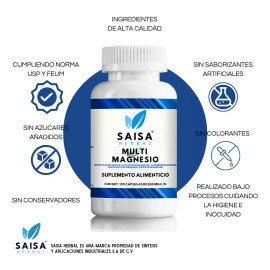Magnesio Complex | Suplemento 5 Magnesios de alta absorción 120 cápsulas | Citrato De Magnesio + Glicinato de Magnesio + Cloruro de Magnesio + Gluconato de Magnesio | SAISA HERBAL + OXIDO DE MAGNESIO|