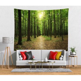 BELECO Forest Nature Tapestry Jungle Woods Pathway Yellow Fallen Leaves Sunshine Background for Wall Tapestry Dark Tree Trunks Nature Tapestry Forest Theme Party Wall Decor Bedroom Living Room Decor
