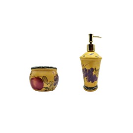 ACK Tuscany Mixed Fruit Hand Painted Ceramic, Scouring Brillo Pad Holder with Soap Dispenser for Bathroom and Kitchen Countertop, Storage and Liquid Organizer
