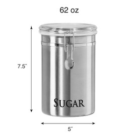 Oggi Stainless Steel Sugar Canister 62 fl oz - Airtight Clamp Lid, Clear See-Thru Top - Ideal Sugar Container for Countertop, Sugar Jar, Bulk Sugar Storage. Large Size 5" x 7.5".