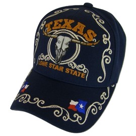 Texas Lone Star State Adjustable Baseball Cap with Flag and Longhorn (Navy)
