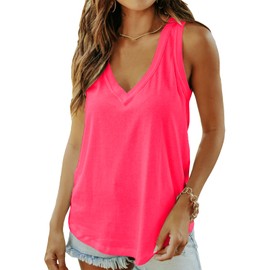 Smile Fish Women Summer Deep V Neck Tank Top Loose Fit Flowy Sleeveless Shirt Cotton Neon Hot Pink,S