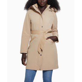 GUESS Women's Softshell Hoodie Belt Parka, Herb Tan Multi