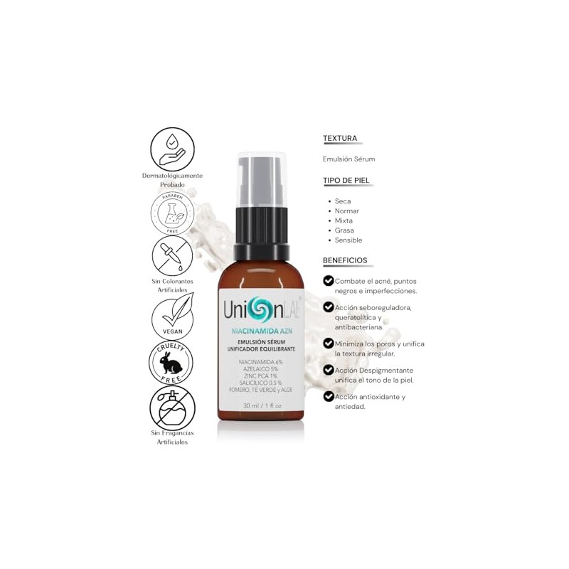 NIACINAMIDA AZN Emulsión Sérum Facial Unificador Equilibrante, 30 ml