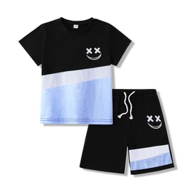 Klyatpxoen Size 9 10 Years Boys Clothes Fashion Set 2-Piece Short Sleeve T-Shirt Shorts Summer Fall Outfit Set Blue(9-10Y)