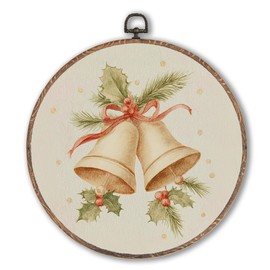 Hxlac Vintage Christmas Bells Round Wall Art Framed, Rustic Christmas Round Wall Decor, Cottagecore Winter Hanging Canvas Prints Sculptures for Farmhouse Home Living Room Decor, 10x10 Inch