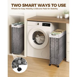 Greenstell Laundry Hamper with Wheels, 17.4 Gallon (66L) Slim Laundry Basket with 2 Removable Liner Bags & 2 Mesh Bags, Narrow Rattan Clothes Hamper for Bedroom, Laundry Room, Bathroom, Grey