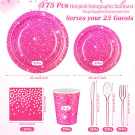 Hushee 175 Pcs Hot Pink Holographic Print Party Disposable Dinnerware Set Include 50 Paper Plates, 25 Napkins, 25 Cups, 25 Plastic Forks, 25 Knives, and 25 Spoons for Guest Holiday Wedding