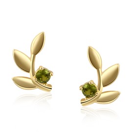 Leaf Peridot Stud Earrings for Women – 14K Gold Plated August Birthstone Olive Green Gemstone Jewelry with Floral Leaf Design