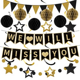 Roetyce Farewell Party Decorations, Black Gold We Will Miss You Banner Hanging Swirls Kit, Going Away/Leaving/Retirement Party Decorations for Men Women, Coworker Friends Goodbye Party Supplies