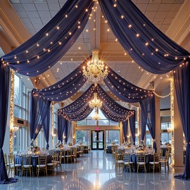 6 Panels Navy Blue Ceiling Drapes with Lights for Weddings Ceiling Drapes 5ftx20ft Wedding Draping Fabric Sheer Curtains Tulle Drapery Wedding Decorations for Home Party Ceremony Stage Swag