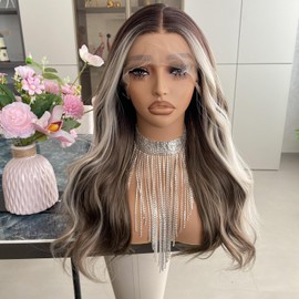 Carkira Pastel Brown Wigs with Blonde Highlight 13x4 Lace Front Wig Ombre Dark Root Long Body Wave Natural Hairline Synthetic Fiber 20Inch for Women