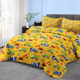 Pamnest Quilt Set Twin Size, Cartoon Construction Car 2 Pcs Soft Bed Cover Bedding Set for Kids and Adults, Cute Truck Lightweight Bedspread Coverlet with Pillow Sham for All Season