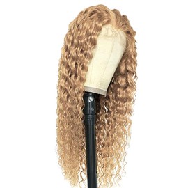 Tuheerst Blonde Human Hair Wig, Water Wave Real Hair Wig, Women's 4x4#27 Swiss Lace Brazilian Real Hair, Remy Hair, Pre-Plucked, Natural Hairline with Baby Hair, 16 Inches (40.6 cm)