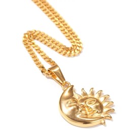 Syrios Gifts Gold Sun Moon Star Celestial Necklace Stainless Steel Pendant 24" Chain, Elegant