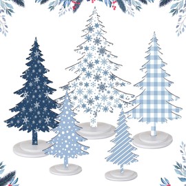 Soaoo 5 Pcs Winter Table Decorations Wooden Christmas Tree Tabletop Signs Rustic Wood Winter Trees Table Centerpieces Winter Tiered Tray Decor Wood Pine Tree Signs for Table Decor(Blue)