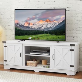 CKEASEAN Farmhouse TV Stand with Open Shelves and Closed Storage, 65''W Modern Entertainment Center for TVs up to 70'', White Entertainment Console Table for Living Room