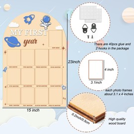 GotGala My First Year Wooden Photo Board, 23x15-inch Large Size 12 Months Milestone Photo Board Baby’s First Year Picture Frame for Outer Space Themd 1st Birthday Baby Shower Party Decorations