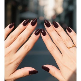 Artquee Press on Nails Short Burgundy Almond False Tips Glossy Reusable Fake Stick on Nails Kit for Women - 30 Pcs 15 Sizes