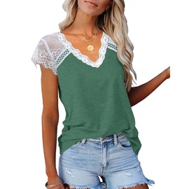KINLONSAIR Women's Crochet Lace Basic V-Neck T-Shirts Short Sleeve Loose Fitting Tunic Tank Tops